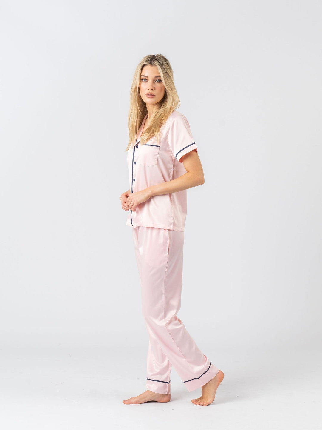 Satin Personalised Pyjama Set - Short Sleeve & Long Pants Pink/Navy (Faulty/Final Sale)