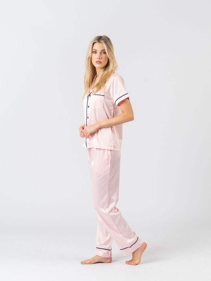 Satin Personalised Pyjama Set - Short Sleeve & Long Pants Pink/Navy (Faulty/Final Sale)