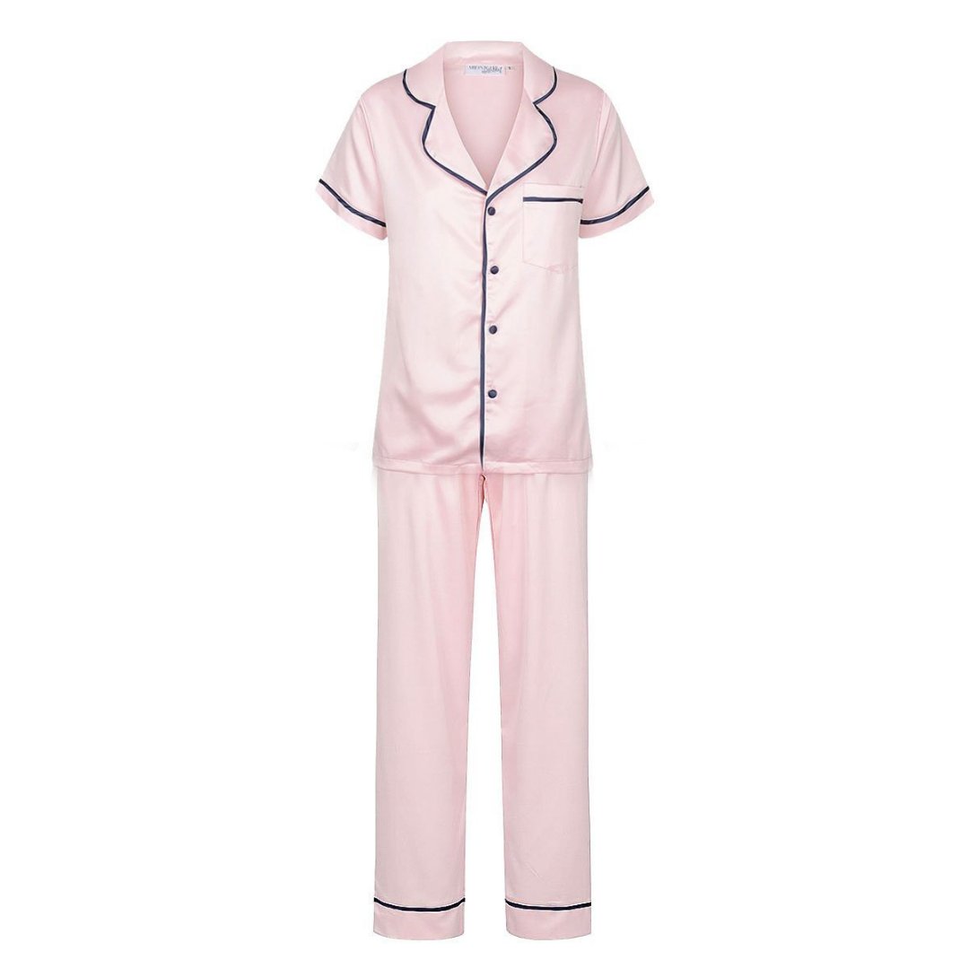 Satin Personalised Pyjama Set - Short Sleeve & Long Pants Pink/Navy (Faulty/Final Sale)