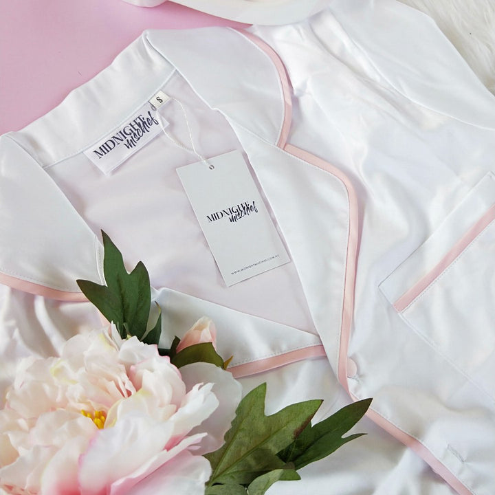 Satin Personalised Pyjama Set - Short Sleeve White/Baby Pink