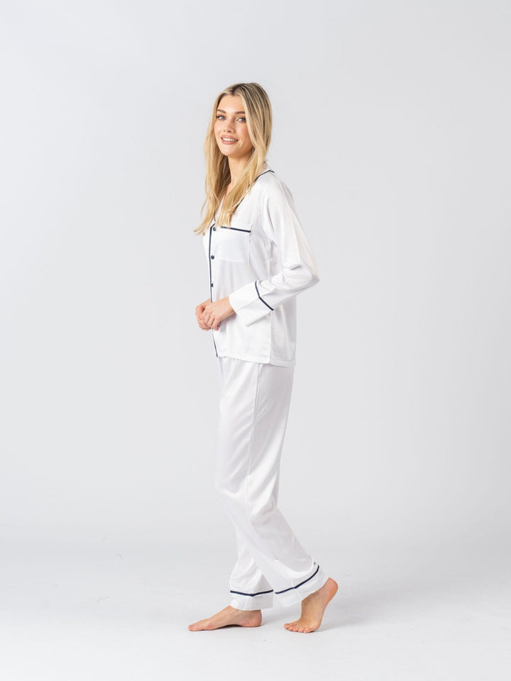 Satin Personalised Pyjama Winter Set - Long Sleeve & Long Pants White/Navy (Faulty/Final Sale)