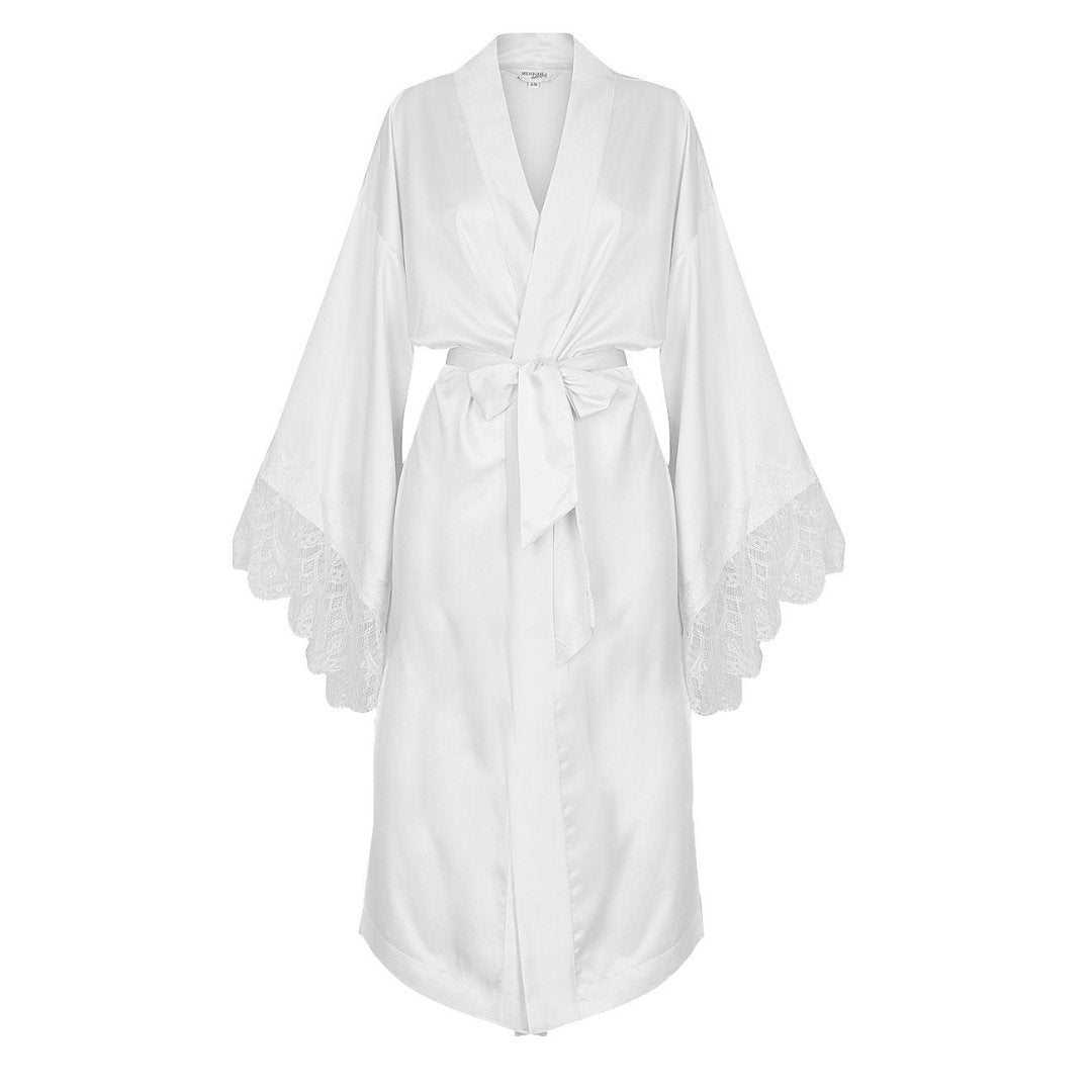 Satin Personalised White Lace Long Robe White Lace Details Midnight