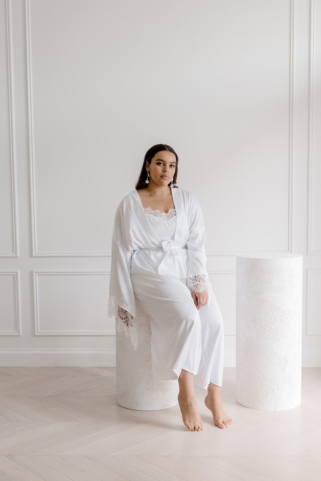 Satin Personalised White Lace Long Robe - White Lace Details