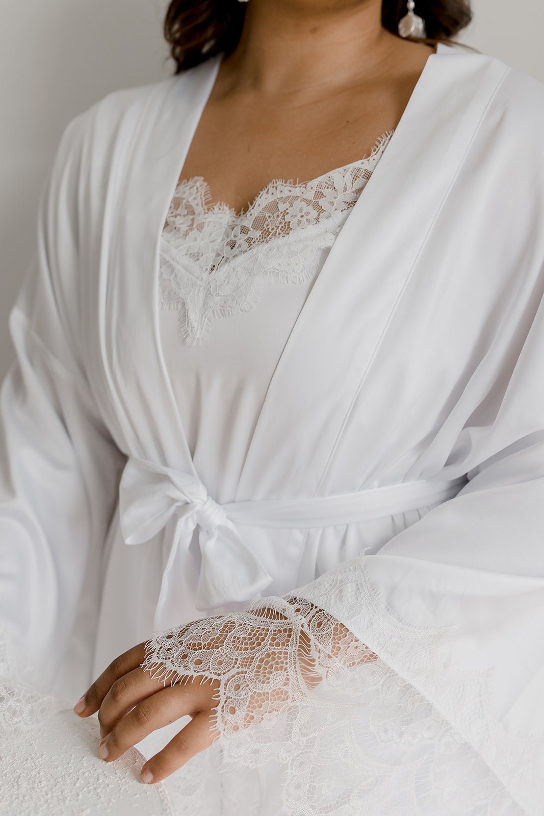 Satin Personalised White Lace Long Robe - White Lace Details