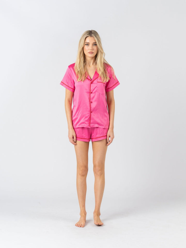 Satin Personalised Pyjama Set - Short Sleeve Hot Pink/Red