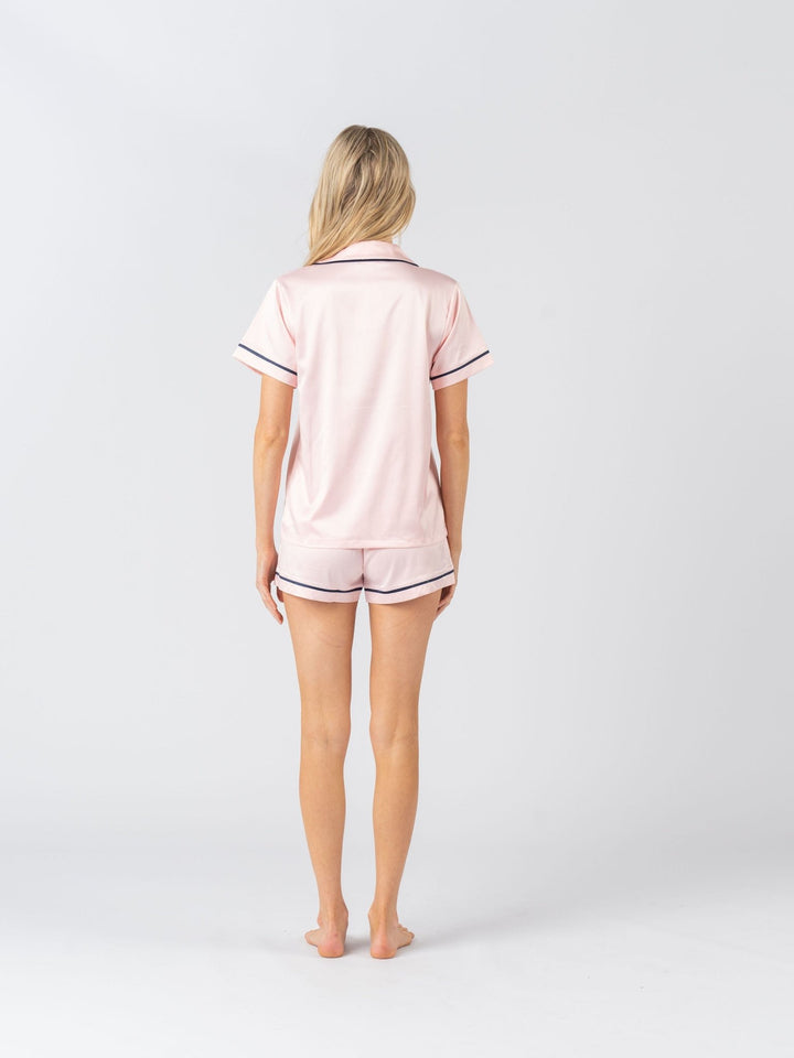 Satin Personalised Pyjama Set - Short Sleeve Pink/Navy