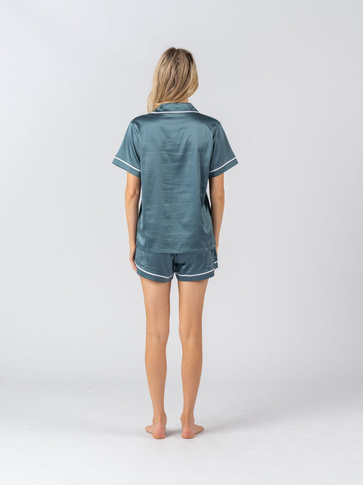 Satin Personalised Pyjama Set - Short Sleeve Teal Blue/White