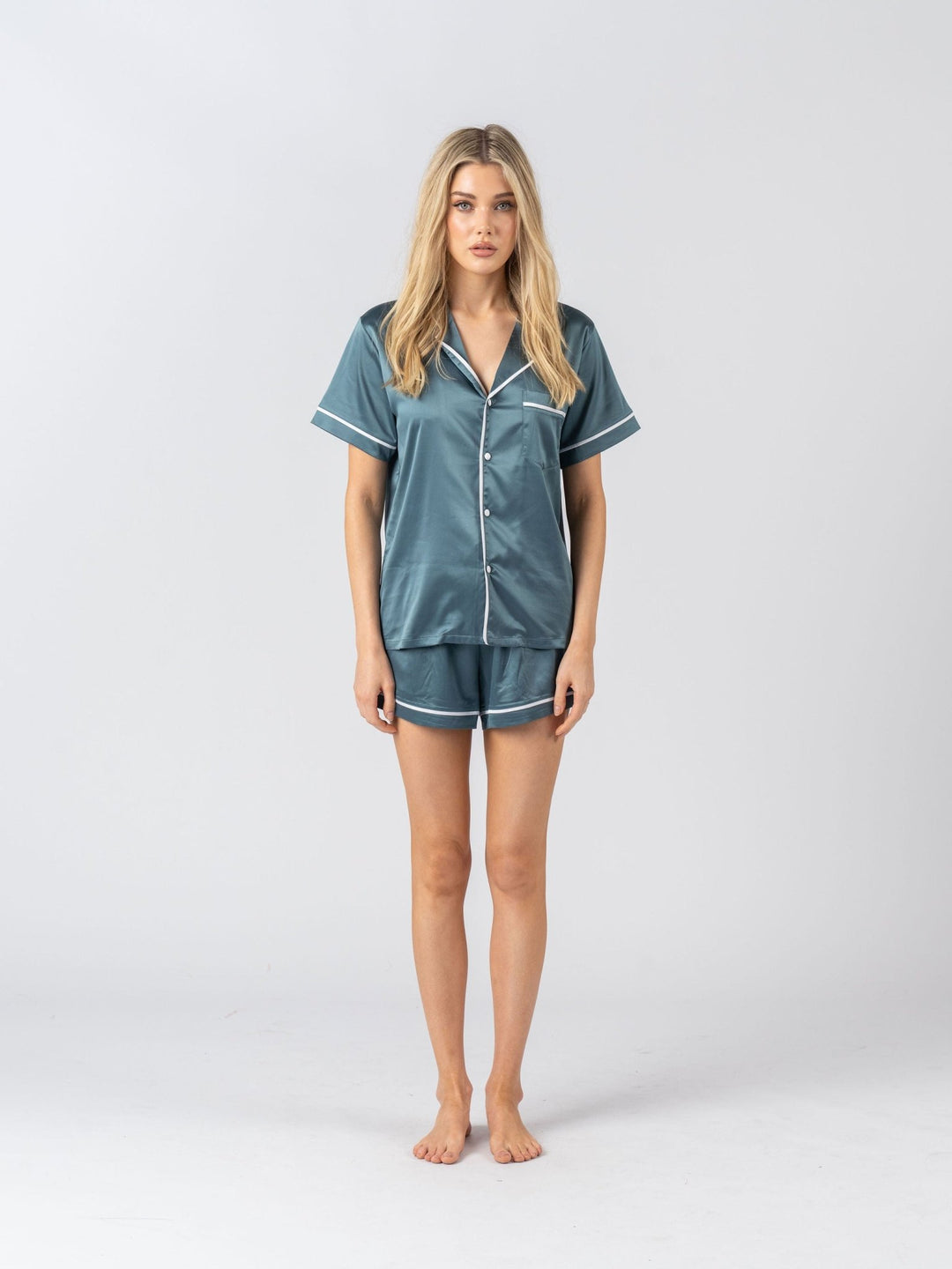 Satin Personalised Pyjama Set - Short Sleeve Teal Blue/White