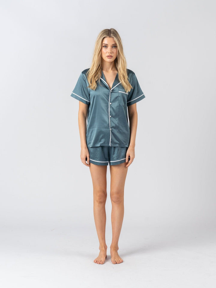 Satin Personalised Pyjama Set - Short Sleeve Teal Blue/White
