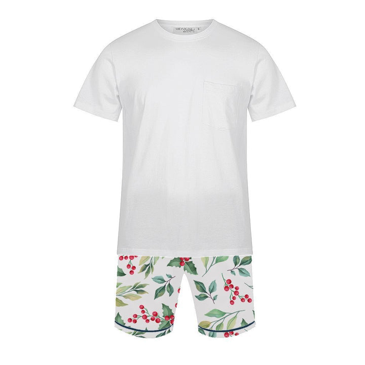 Men's Satin Personalised Pyjama Set - Cotton Shirt with Mistletoe Print Shorts