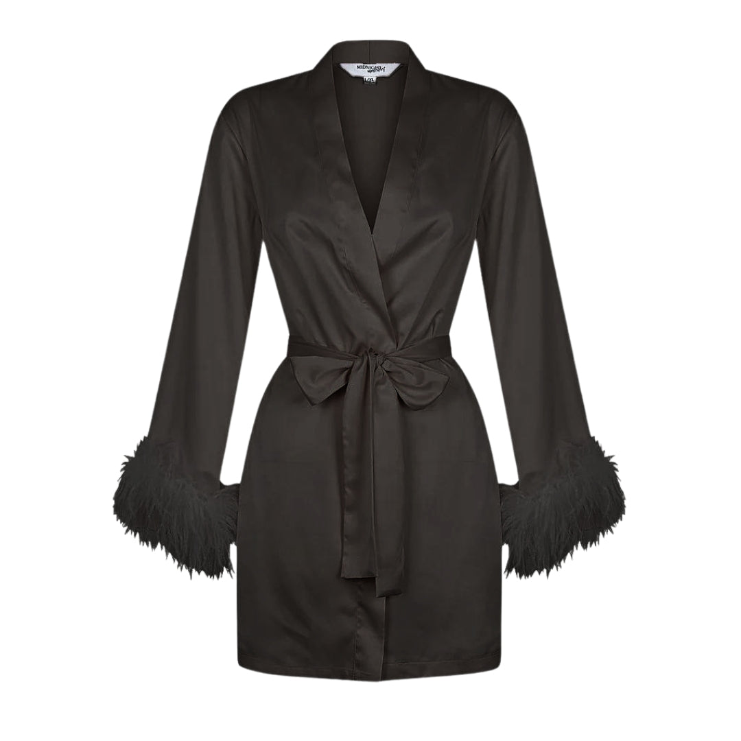 Black Satin Feather Short Robe – Midnight Mischief Sleepwear