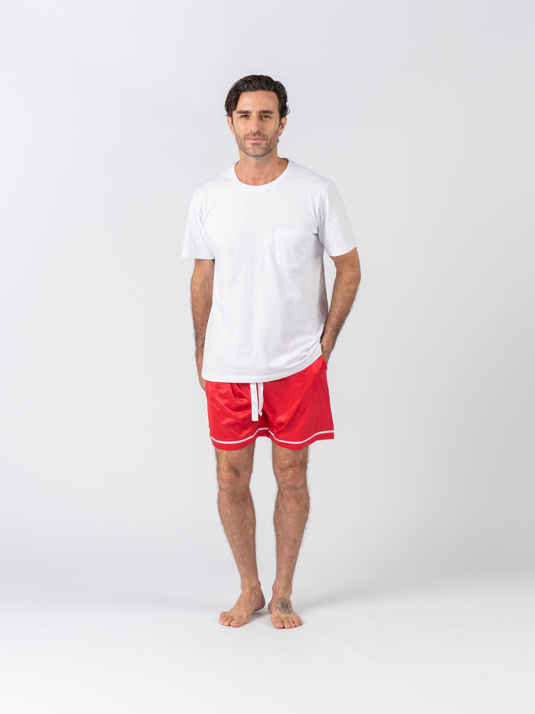 Men's Satin Personalised Pyjama Set - Cotton Shirt with Red Shorts