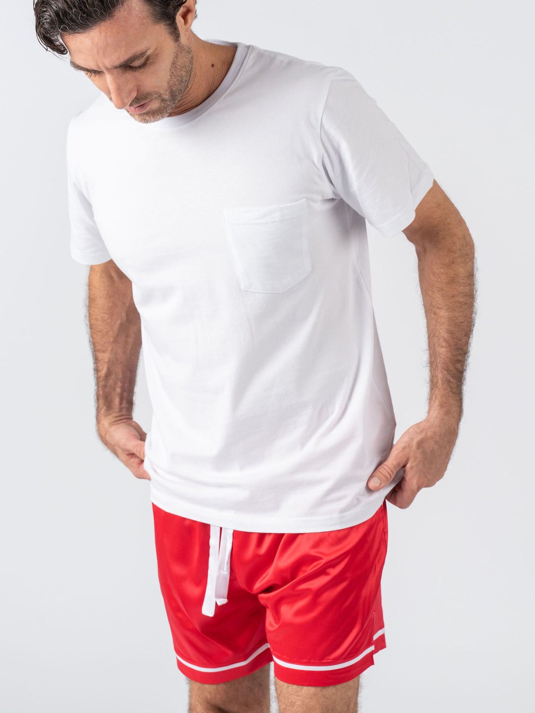 Men's Satin Personalised Pyjama Set - Cotton Shirt with Red Shorts
