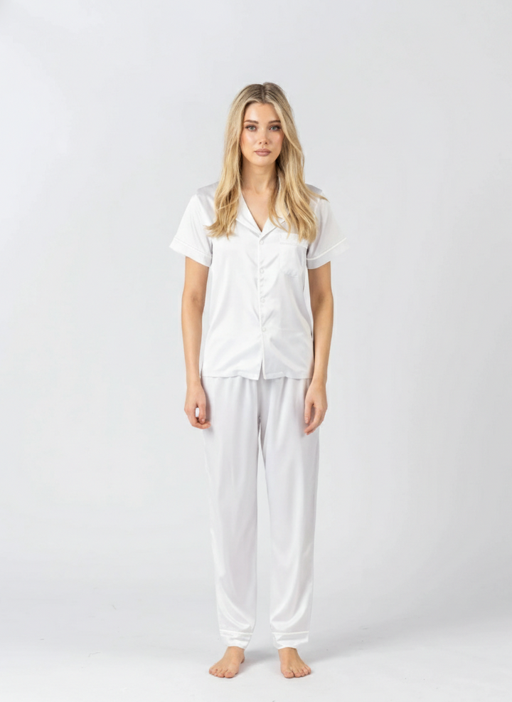 Satin Personalised Pyjama Set - Short Sleeve & Long Pants White/White
