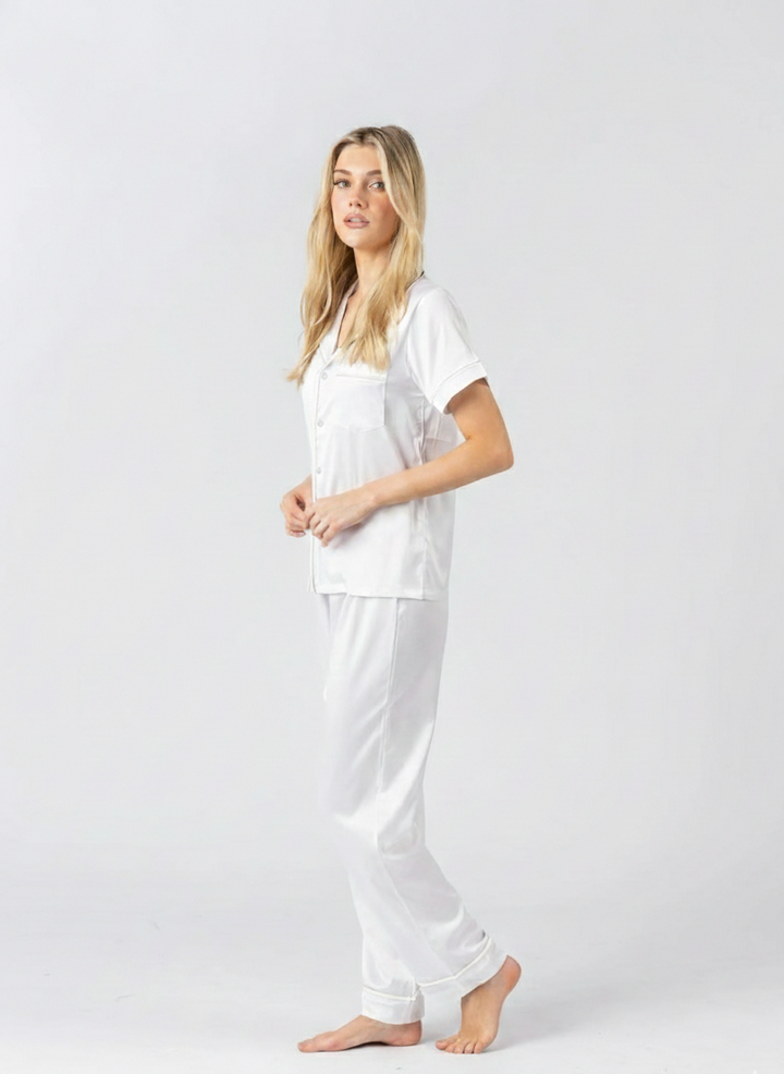 Satin Personalised Pyjama Set - Short Sleeve & Long Pants White/White