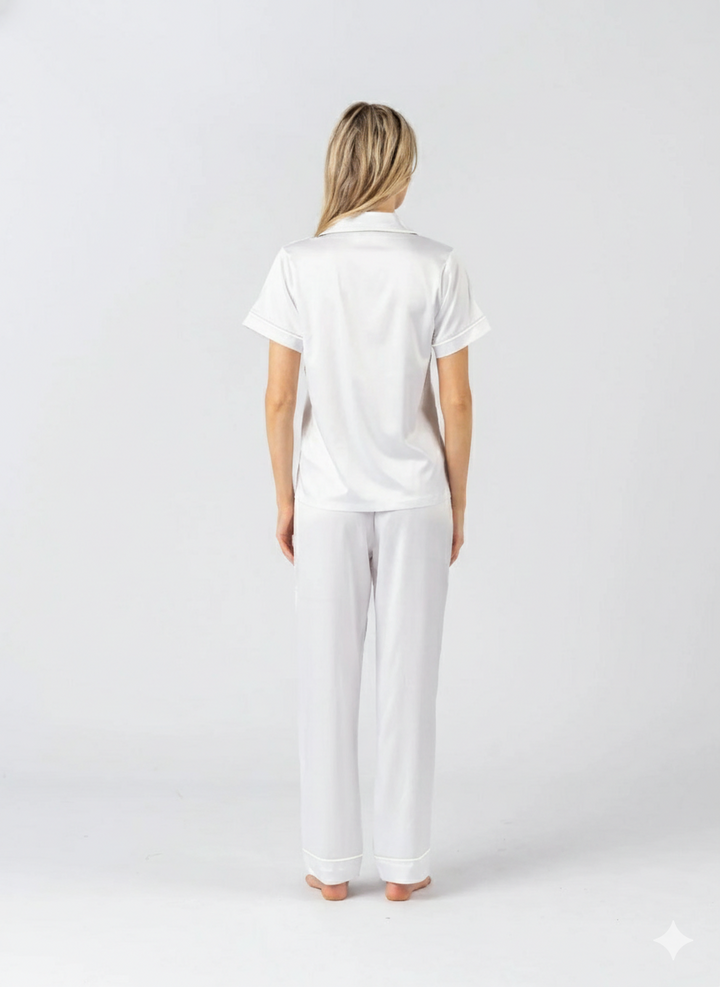 Satin Personalised Pyjama Set - Short Sleeve & Long Pants White/White