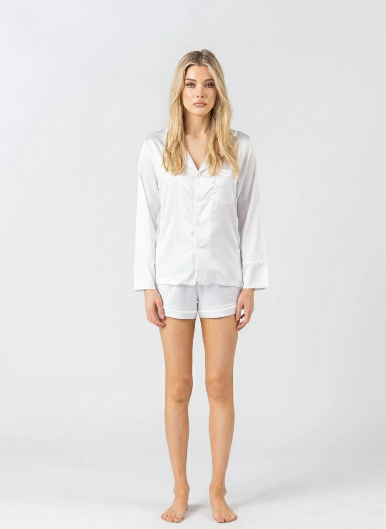 Satin Personalised Pyjama Set - Long Sleeve White/White