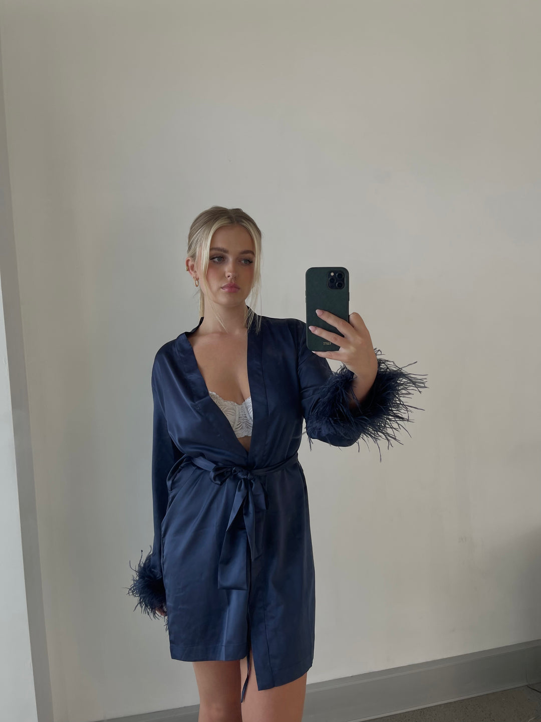 Navy Satin Feather Short Robe