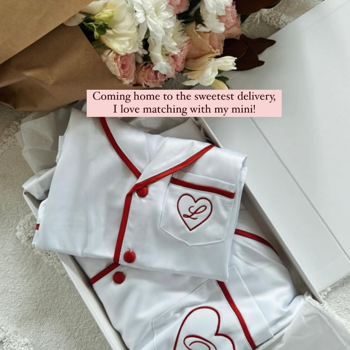 Kids Satin Personalised Pyjama Set - Short Sleeve White/Red