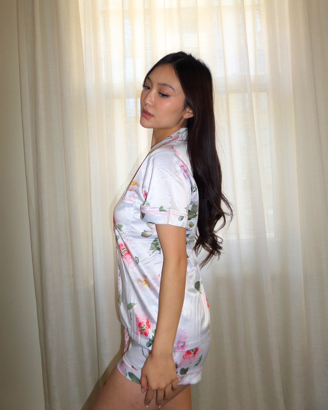 Pre-embroidered Limited Edition Satin Pyjama Set - Short Sleeve Floral Print