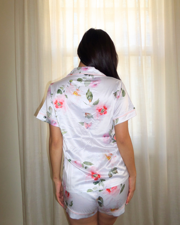 Pre-embroidered Limited Edition Satin Pyjama Set - Short Sleeve Floral Print