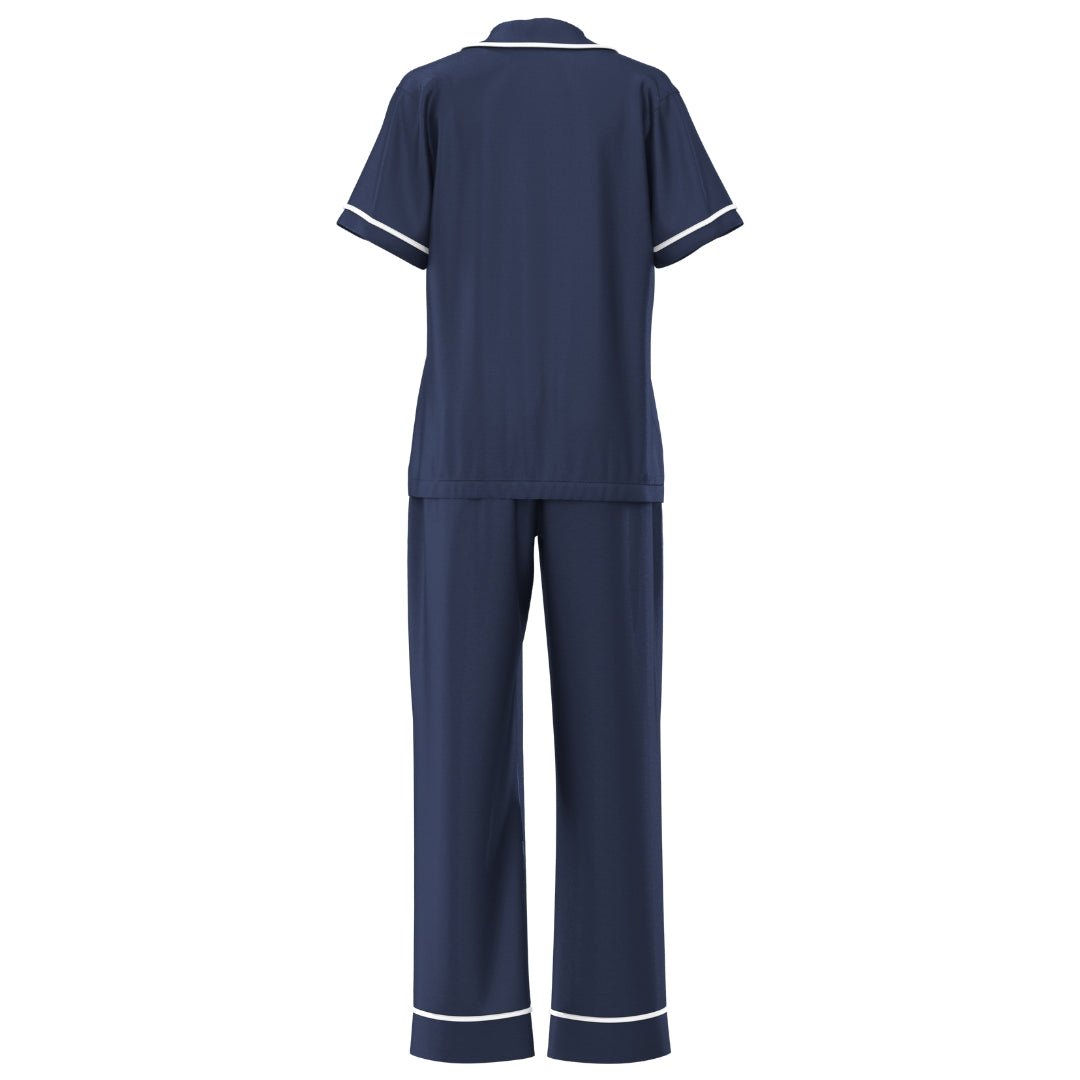 Men's Satin Personalised Pyjama Set - Short Sleeve & Long Pants Navy/White