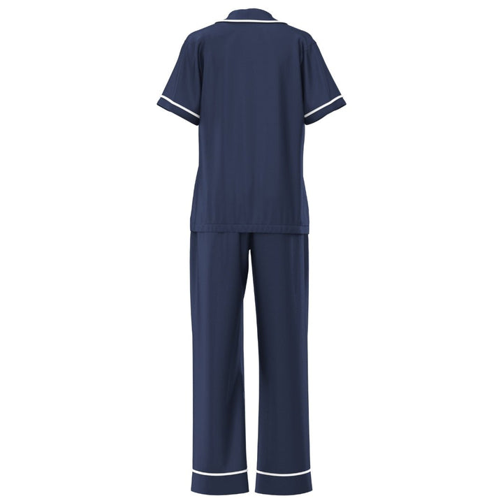 Men's Satin Personalised Pyjama Set - Short Sleeve & Long Pants Navy/White