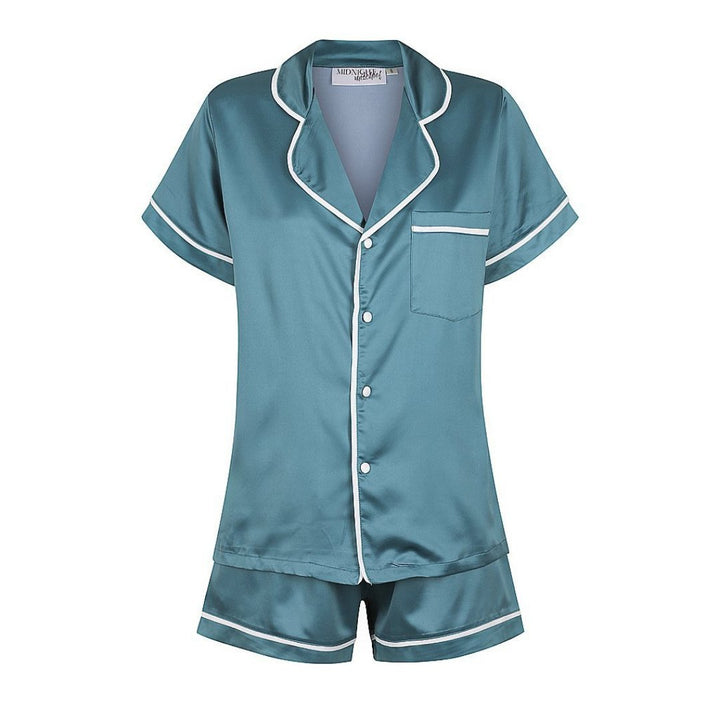 Men's Satin Personalised Pyjama Set - Short Sleeve Teal/White