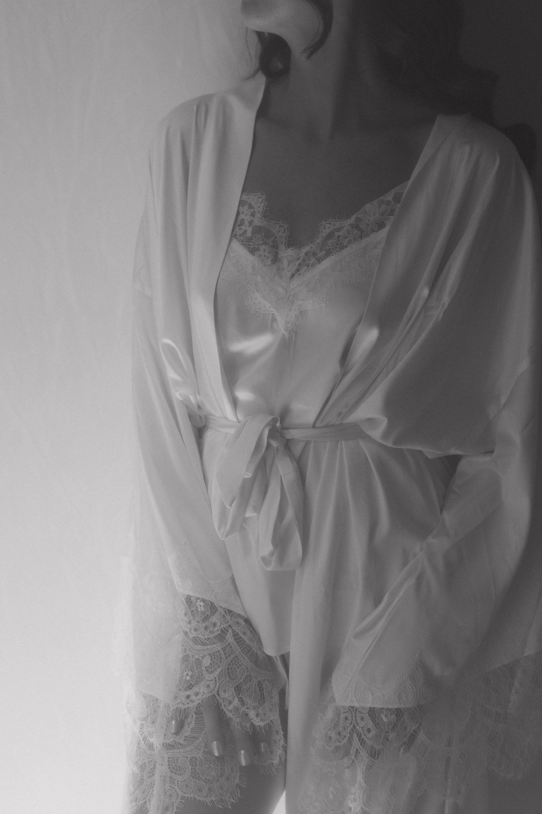 Satin Personalised White Lace Long Robe - White Lace Details