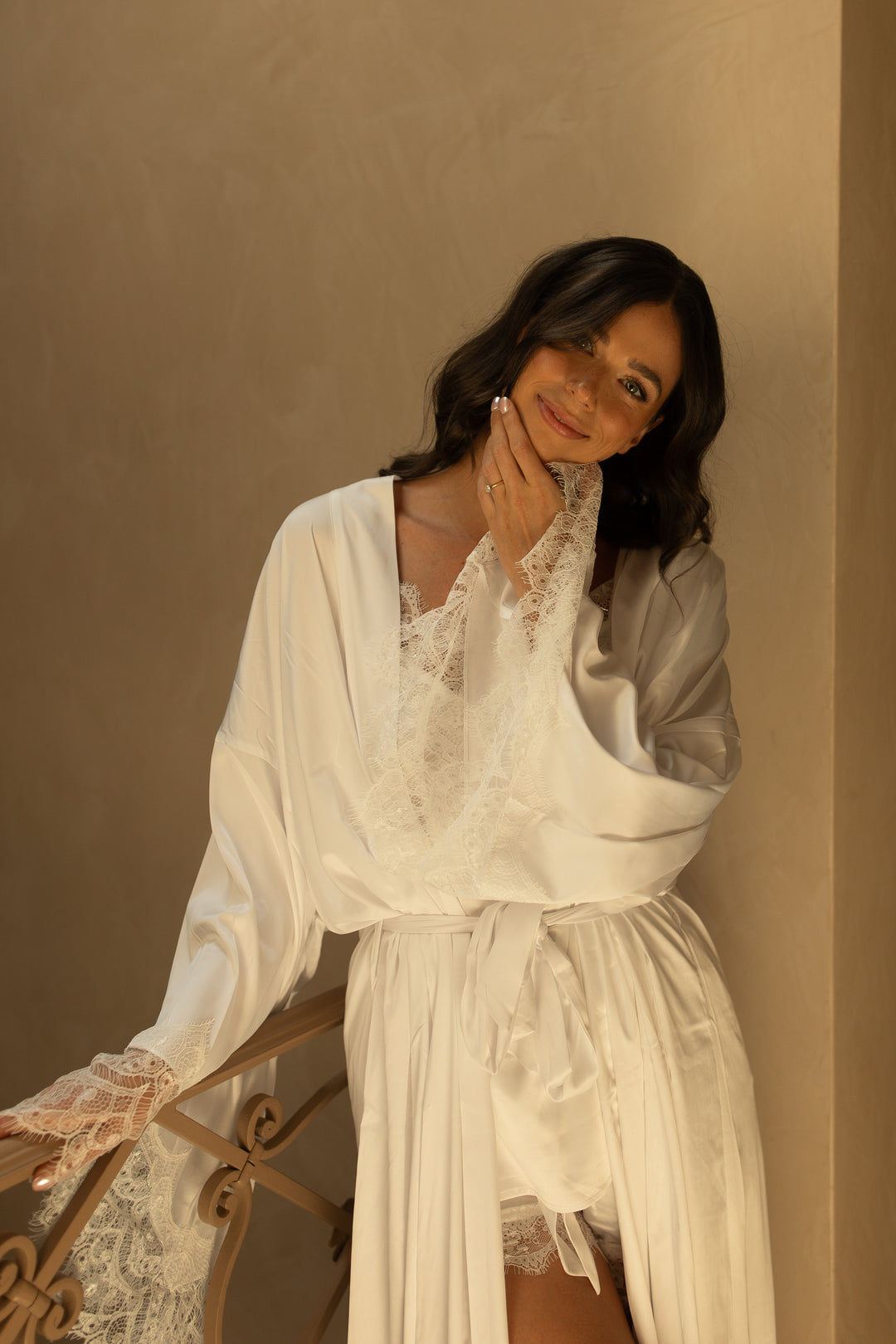 Satin Personalised White Lace Long Robe - White Lace Details