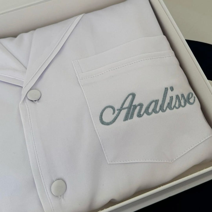 Satin Personalised Pyjama Set - Short Sleeve & Long Pants White/White