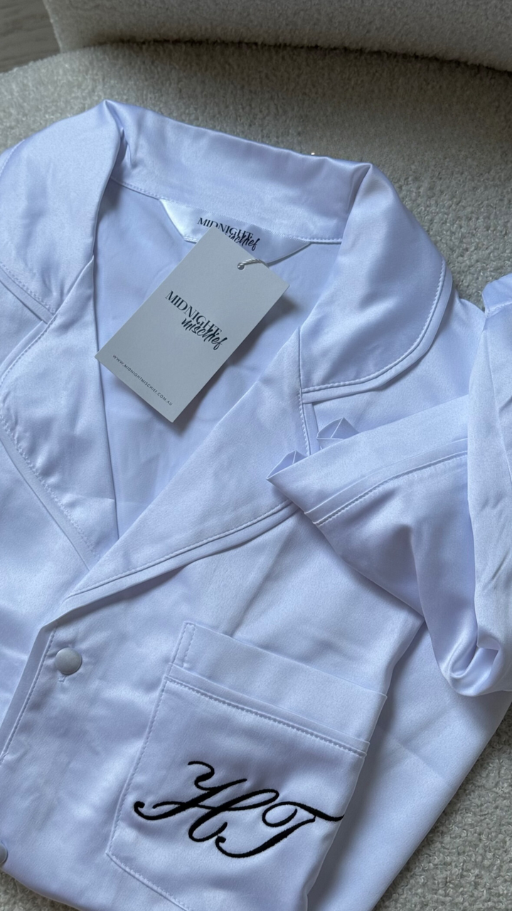 Satin Personalised Pyjama Set - Short Sleeve & Long Pants White/White