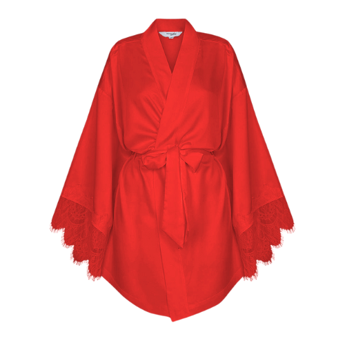 Pre-embroidered Satin Red Lace Short Robe - Red Lace Details