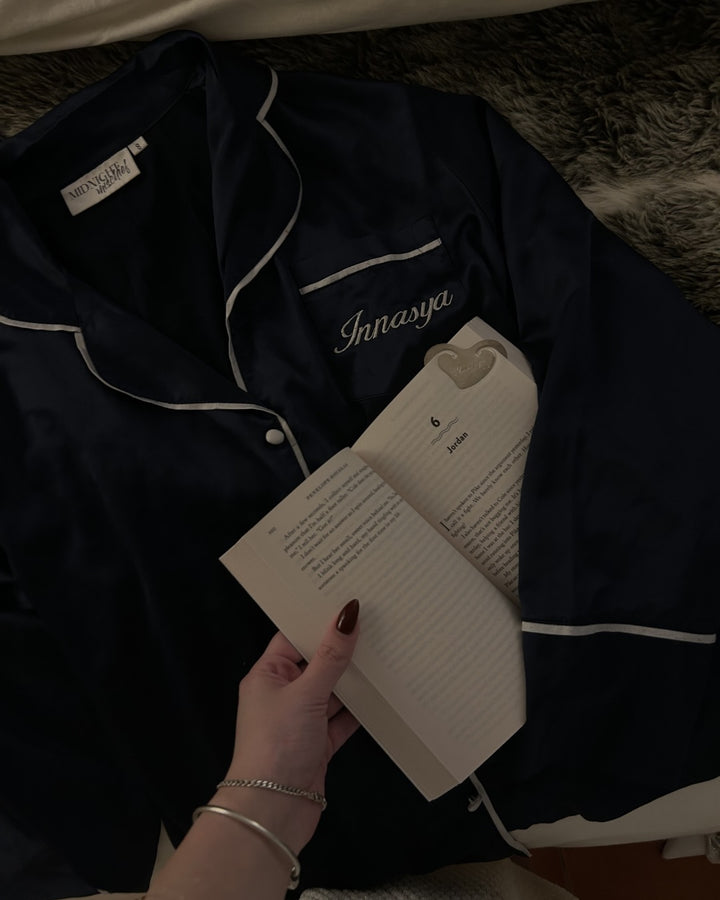 Satin Personalised Pyjama Set - Long Sleeve Black/White