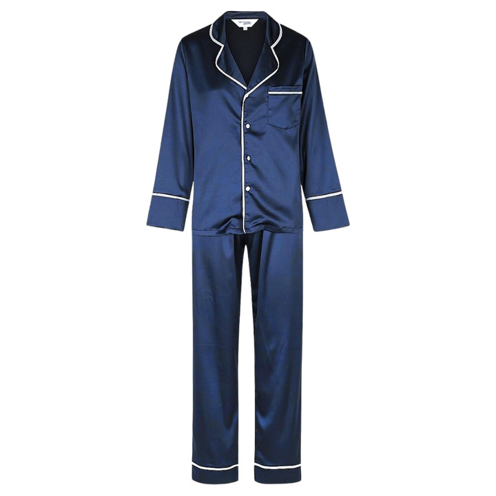 Satin Personalised Pyjama Winter Set - Long Sleeve & Long Pants Navy/White