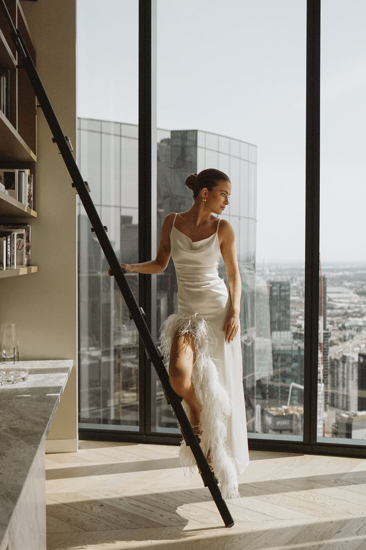 Celeste Feathered Maxi Dress – Ivory