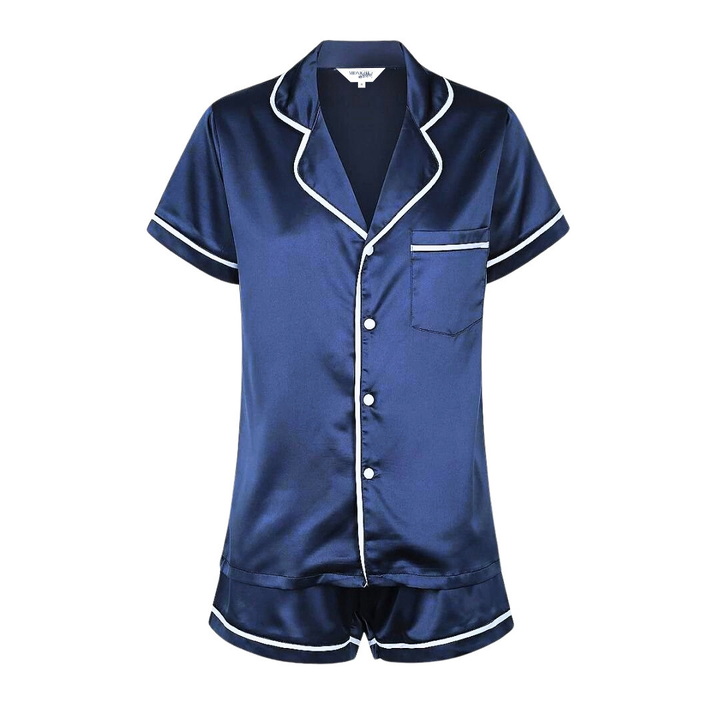 Kids Satin Personalised Pyjama Set - Short Sleeve Navy/White