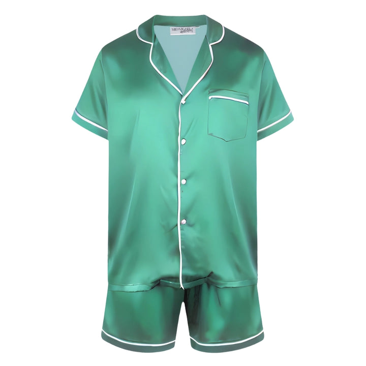 Personalised Men's Satin Pyjama Set - Short Sleeve Emerald Green/White