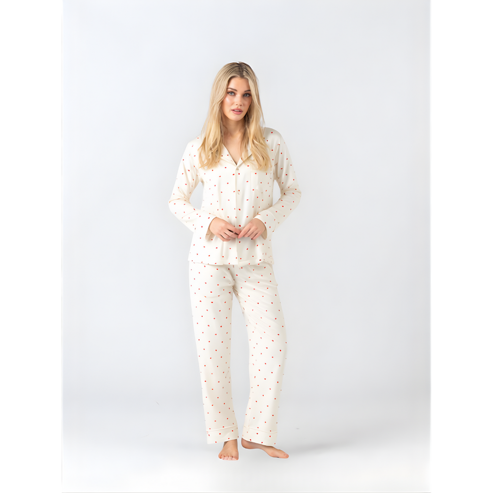 Midnight Mischief Cream and Red Love Heart long sleeve pyjama set in soft modal fabric