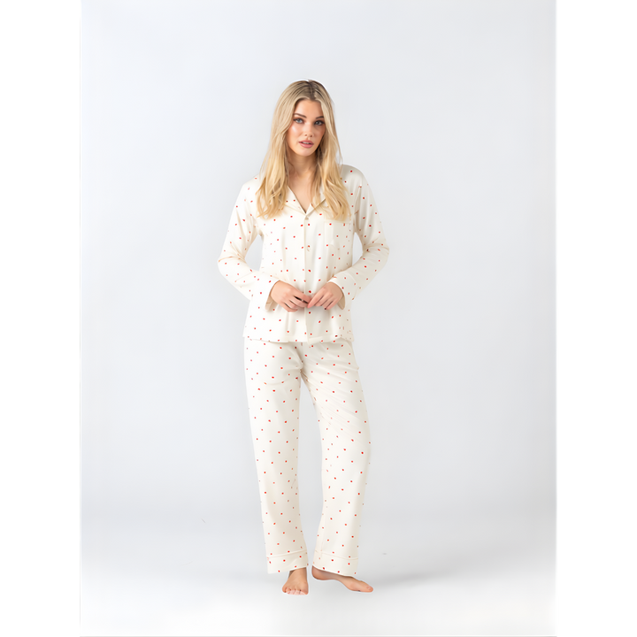 Midnight Mischief Cream and Red Love Heart long sleeve pyjama set in soft modal fabric