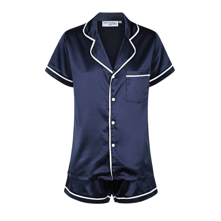 Satin Personalised Pyjama Set - Short Sleeve Midnight Navy/White