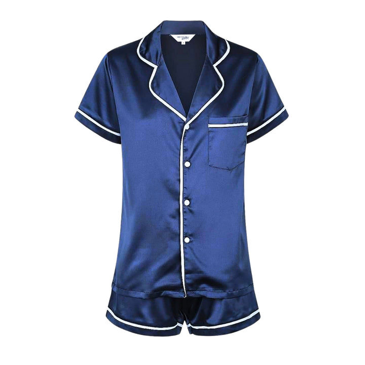 Kids Satin Personalised Pyjama Set - Short Sleeve Navy/White