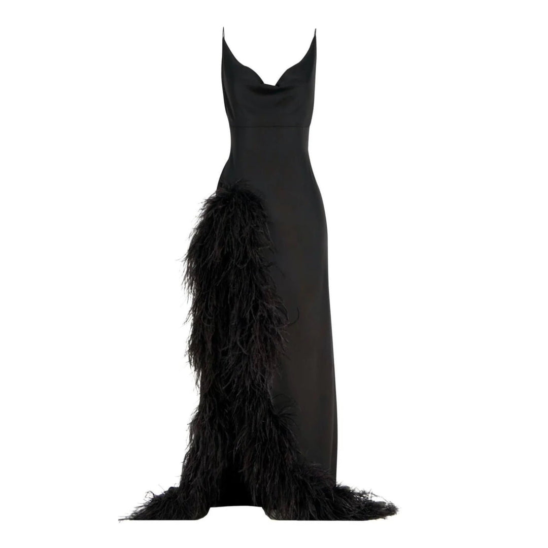 NEW Feather Maxi Statement Dress - Black