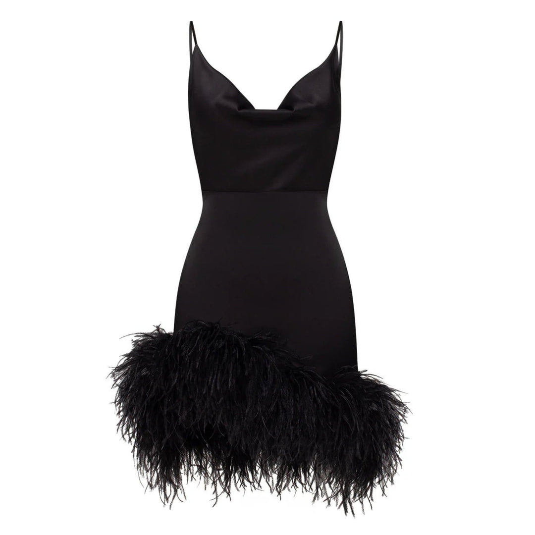 NEW Feather Mini Statement Dress - Black