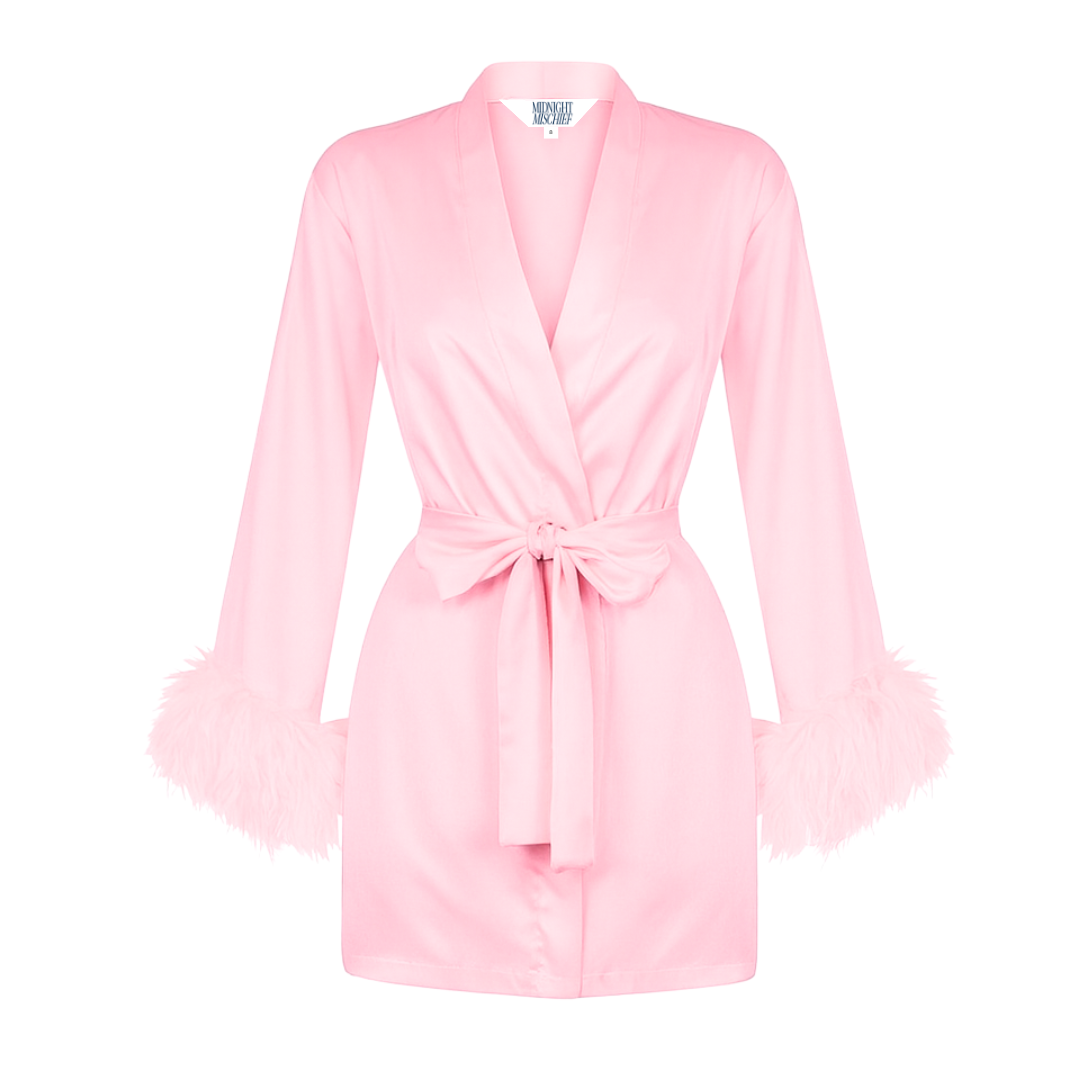 Blush Pink Satin Feather Short Robe – Midnight Mischief Sleepwear