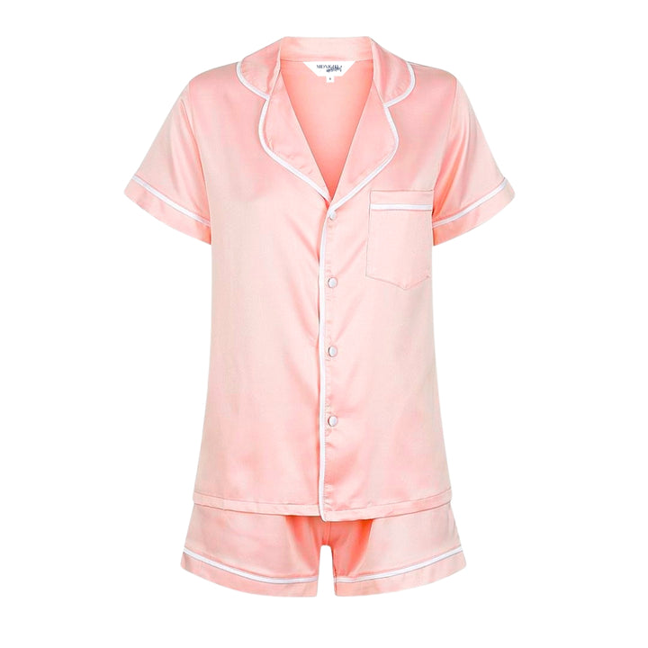Satin Personalised Pyjama Set - Short Sleeve Peach Pink/White