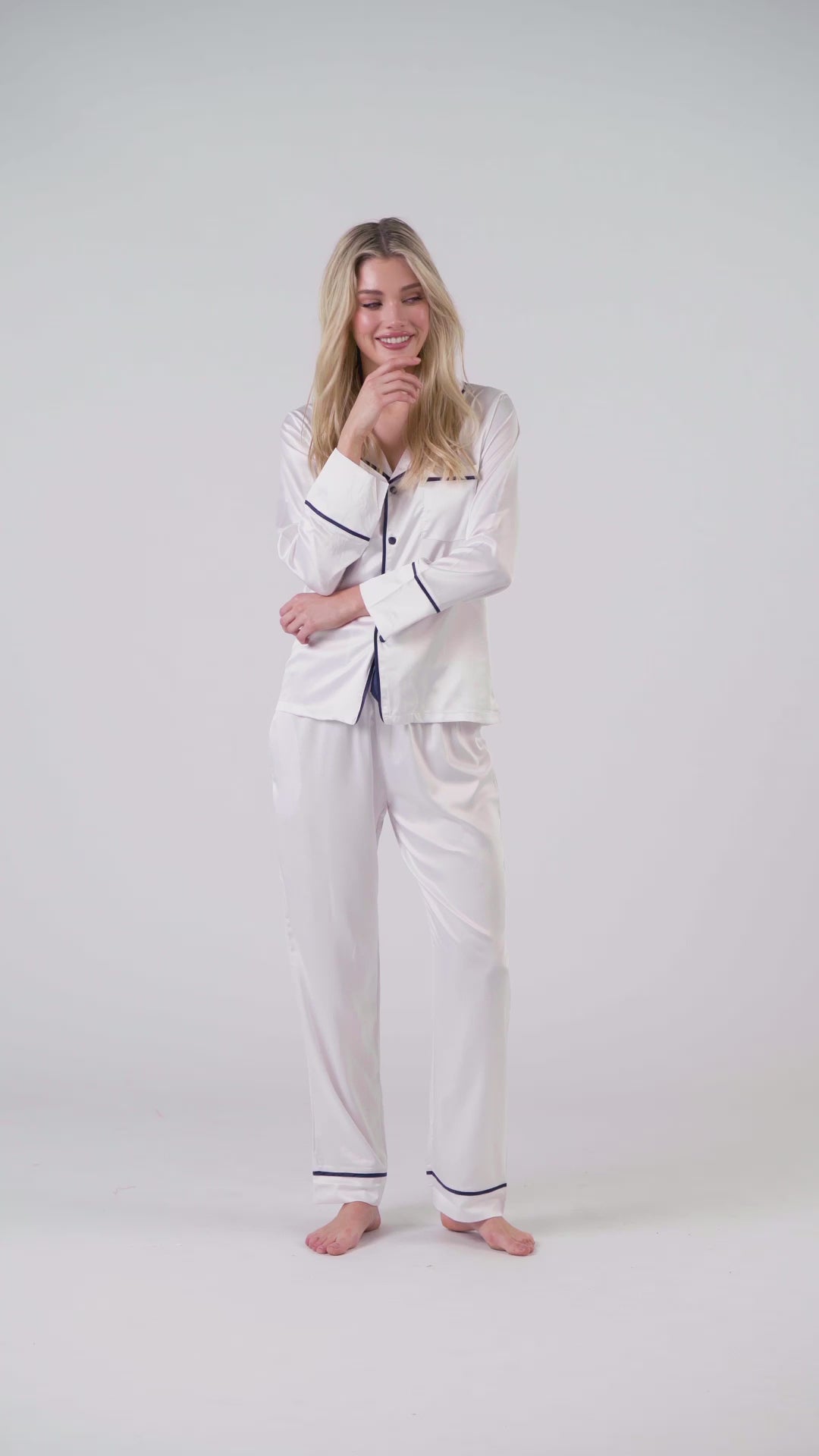 Satin Personalised Pyjama Winter Set - Long Sleeve & Long Pants White/Navy (Faulty/Final Sale)