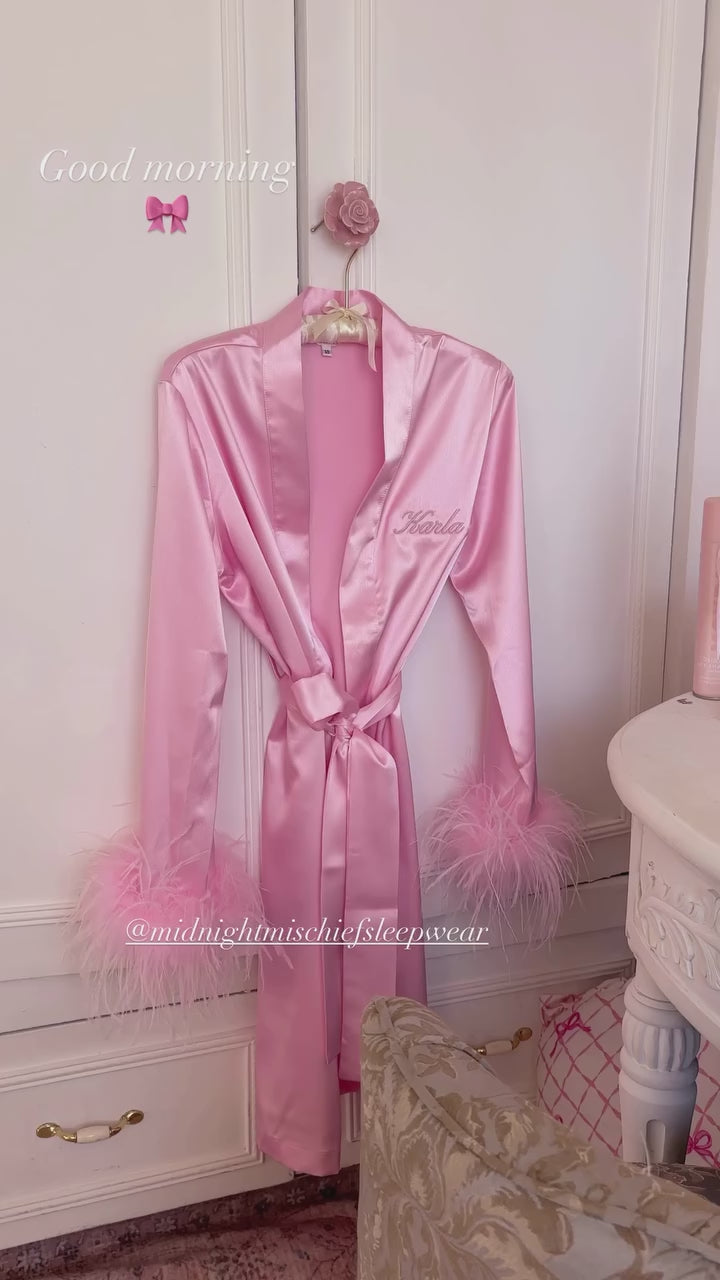 Blush Pink Satin Feather Short Robe