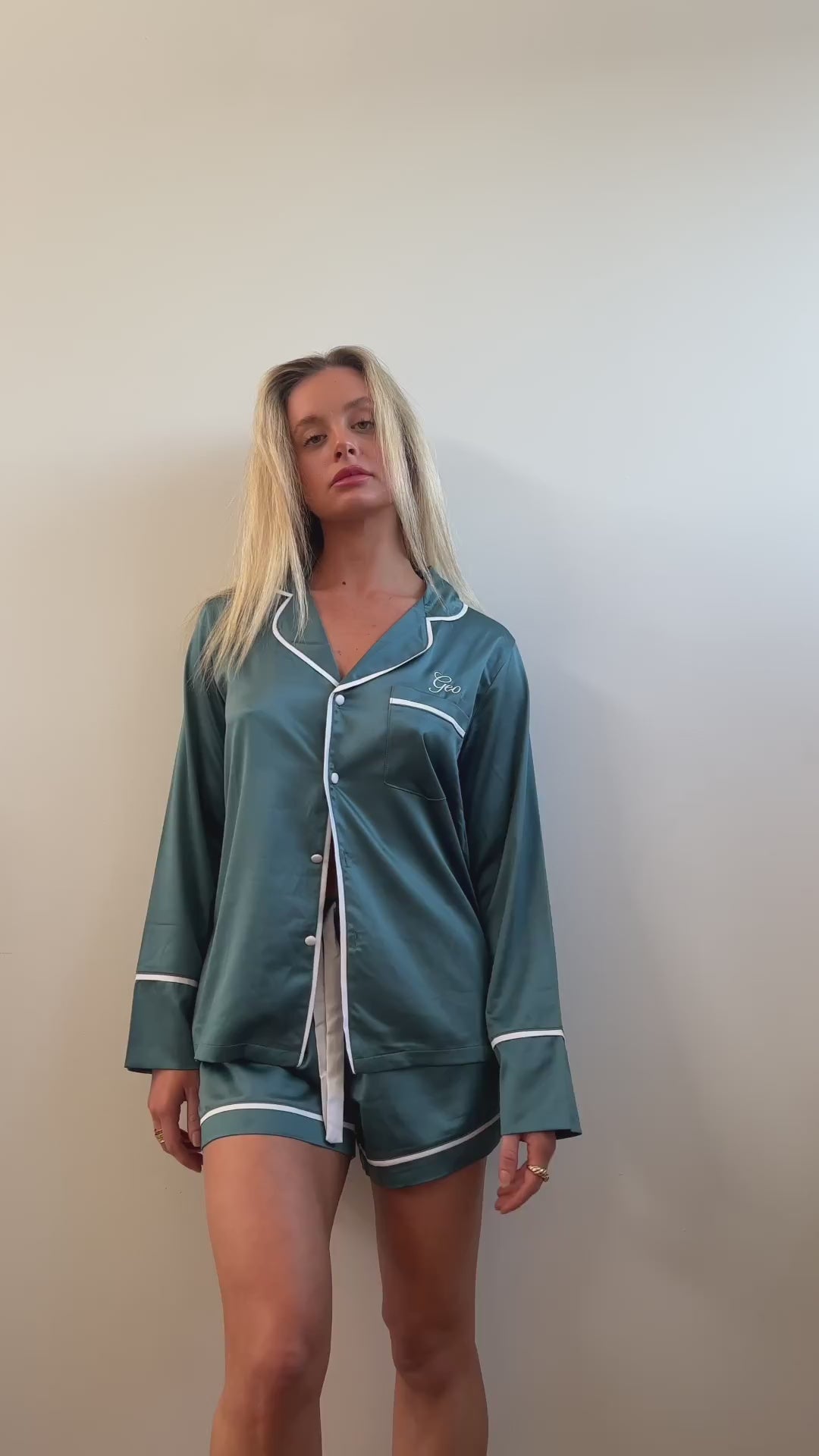 Satin Personalised Pyjama Set - Long Sleeve Teal/White