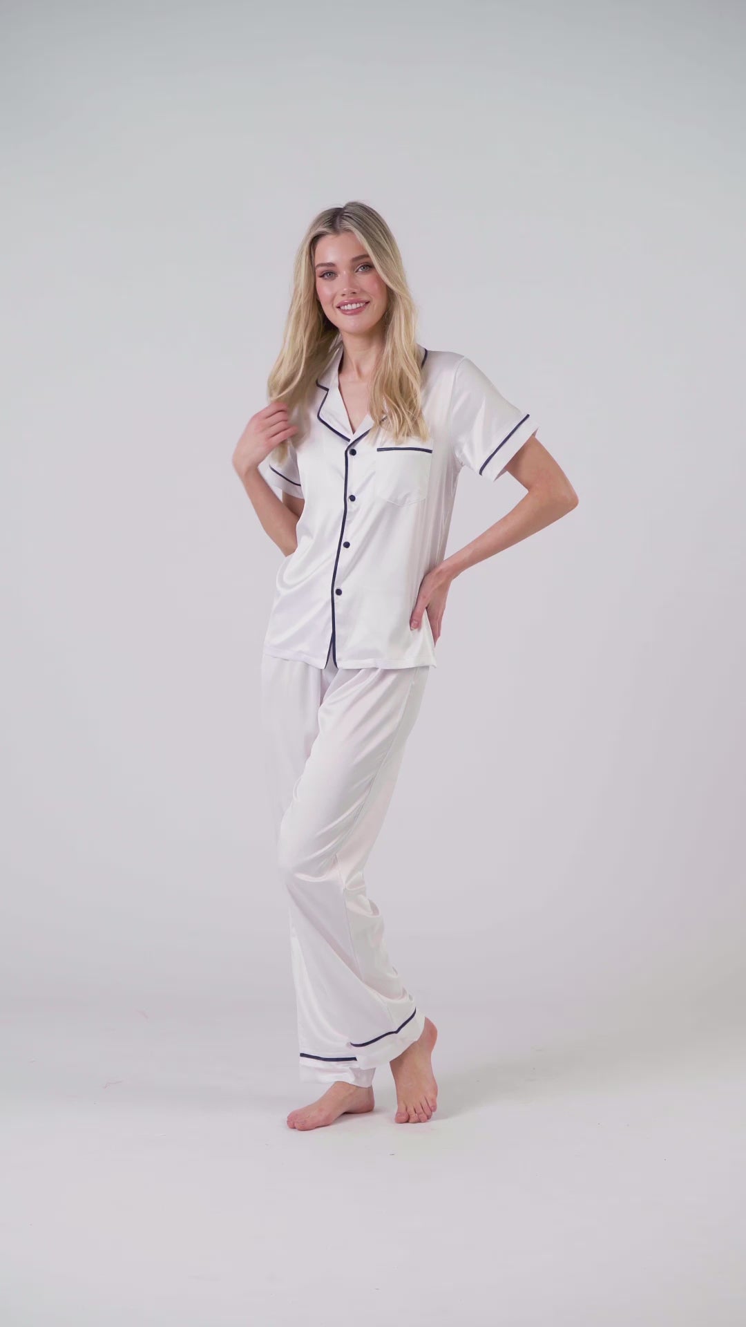 Satin Personalised Pyjama Set - Short Sleeve & Long Pants White/Navy (Faulty/Final Sale)